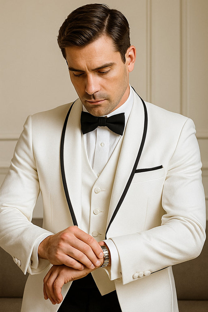 Mens Vested Wool Tuxedo in Shawl Lapel with Satin Trim in White & Black