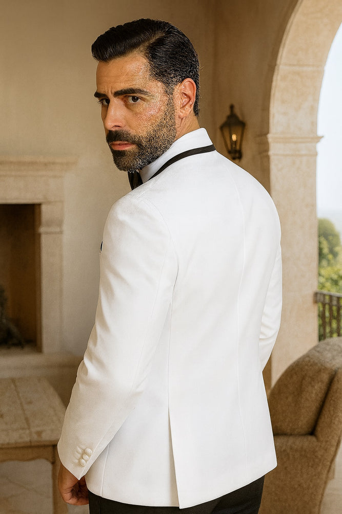 Mens Vested Wool Tuxedo in Shawl Lapel with Satin Trim in White & Black
