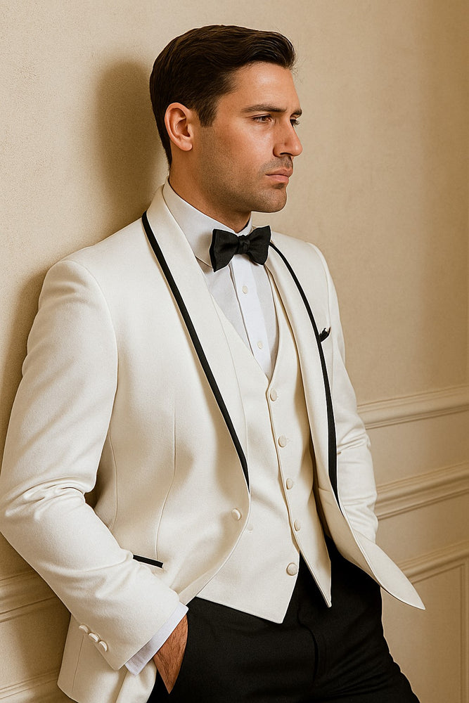 Mens Vested Wool Tuxedo in Shawl Lapel with Satin Trim in White & Black