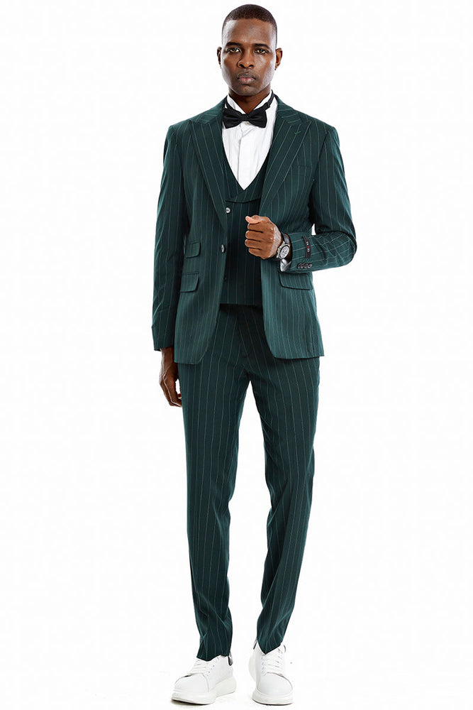 Men's Hunter Green Vested Suit with Bold Pinstripes