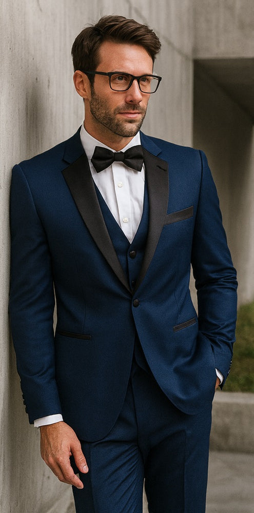 Mens Classic Modern Fit 2 Button Vested Wool Tuxedo in Sapphire Blue