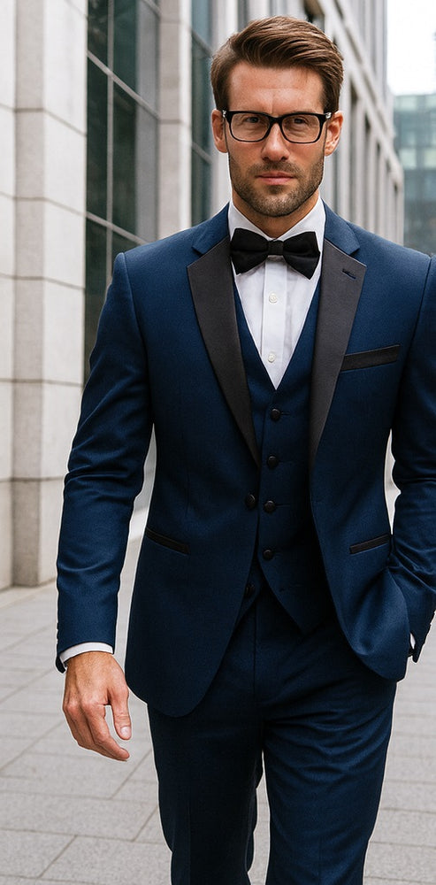 Mens Classic Modern Fit 2 Button Vested Wool Tuxedo in Sapphire Blue