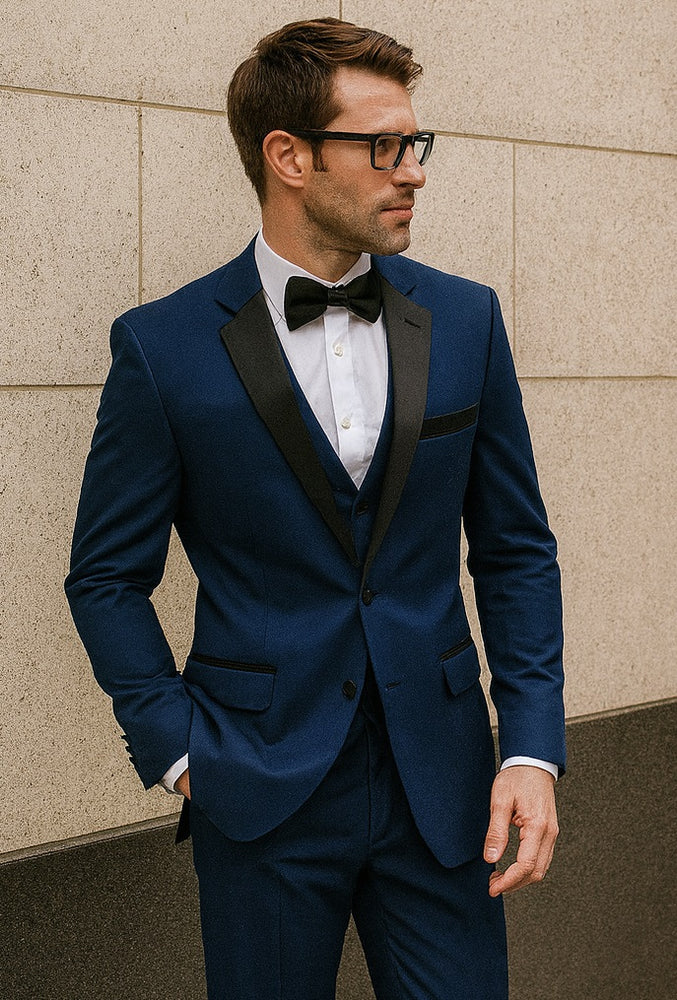 Mens Classic Modern Fit 2 Button Vested Wool Tuxedo in Sapphire Blue