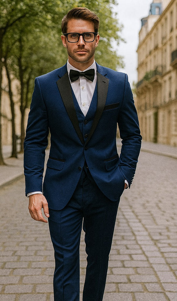 Mens Classic Modern Fit 2 Button Vested Wool Tuxedo in Sapphire Blue