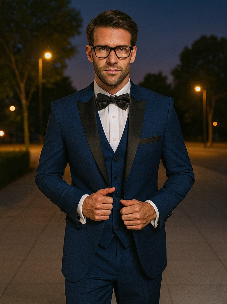 Mens Classic Modern Fit 2 Button Vested Wool Tuxedo in Sapphire Blue