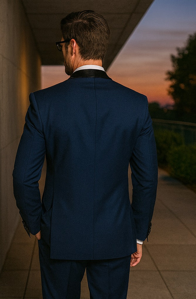 Mens Classic Modern Fit 2 Button Vested Wool Tuxedo in Sapphire Blue