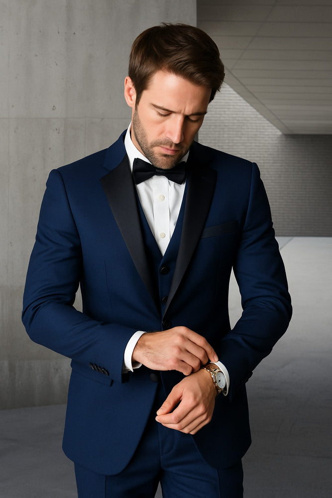 Mens Classic Modern Fit 2 Button Vested Wool Tuxedo in Sapphire Blue