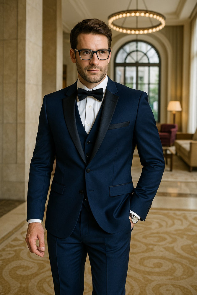 Mens Classic Modern Fit 2 Button Vested Wool Tuxedo in Sapphire Blue