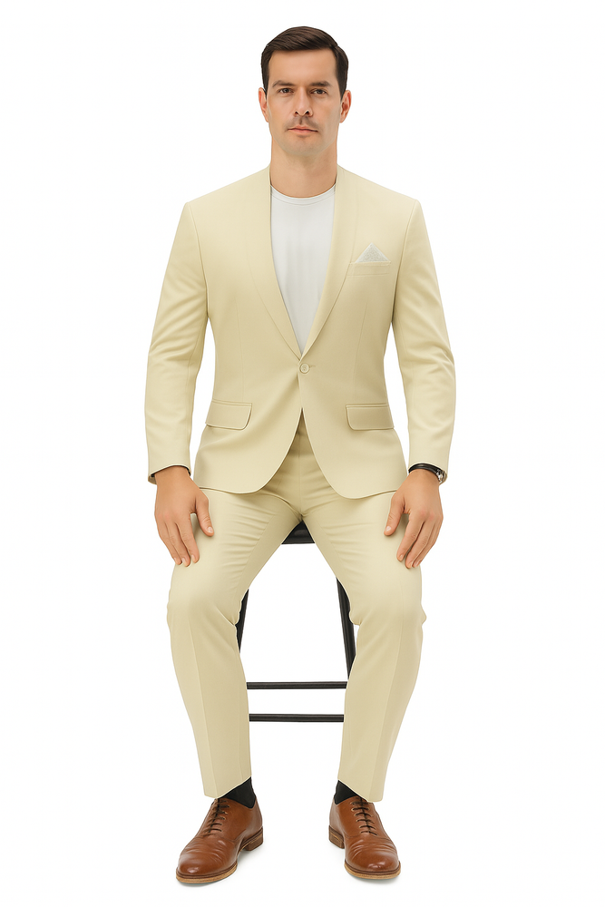 Mens Two Piece Linen Suit Relaxed Hybrid Fit No Collar