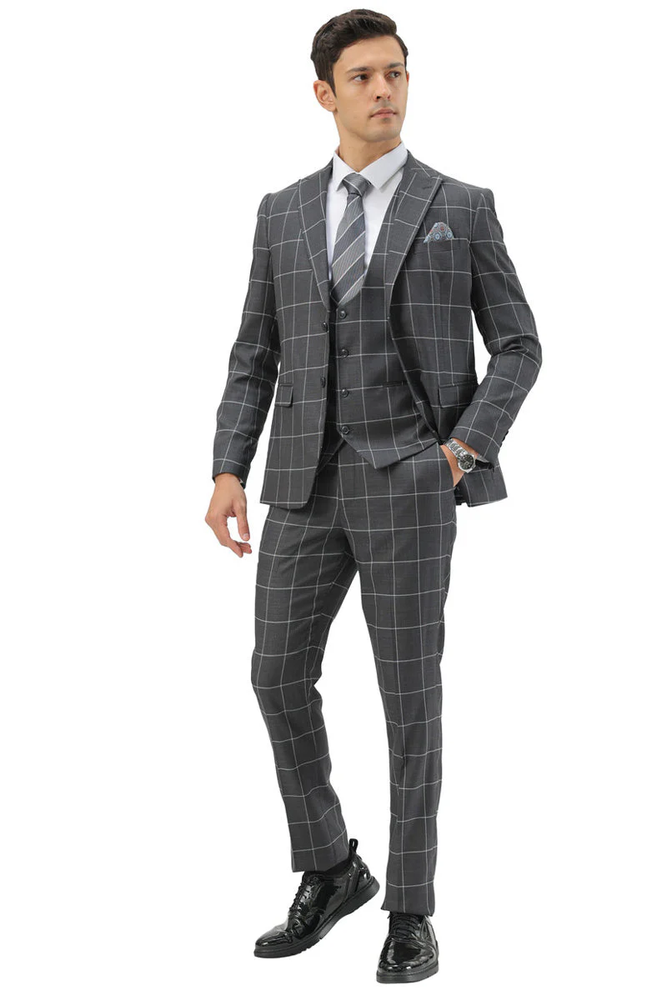 Mens Slim Fit Two Button Peak Lapel Vested Suit in Grey Windowpane Plaid