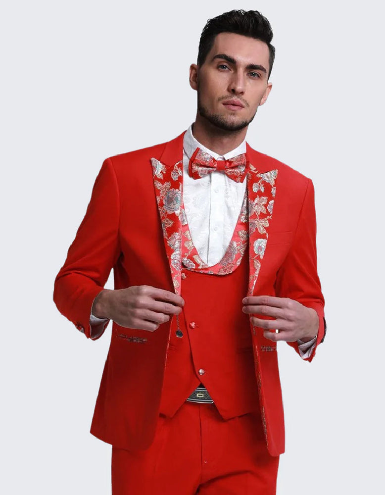 Mens Vested Red Prom 2026 Tuxedo with Floral Paisley Peak Lapel and Vest Trim