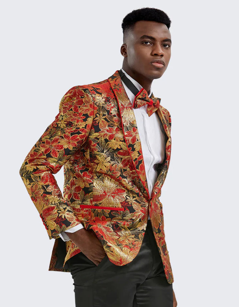 Mens Red & Gold Floral Paisley Prom 2025 Tuxedo Dinner Jacket