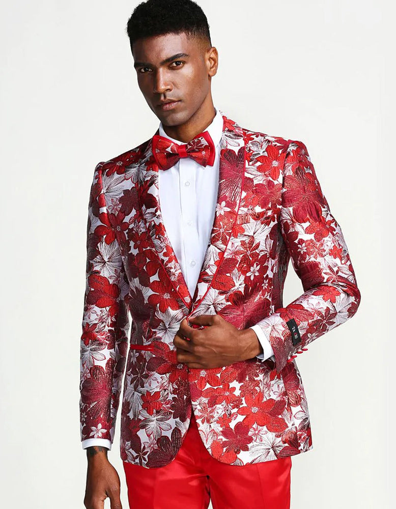 Mens Red & White Floral Paisley Prom 2026 Tuxedo Dinner Jacket