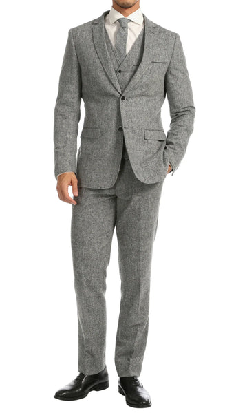 Men’s Grey Tweed Three Piece Suit – Vintage British Fabric Slim Fit Wedding & Business Wear