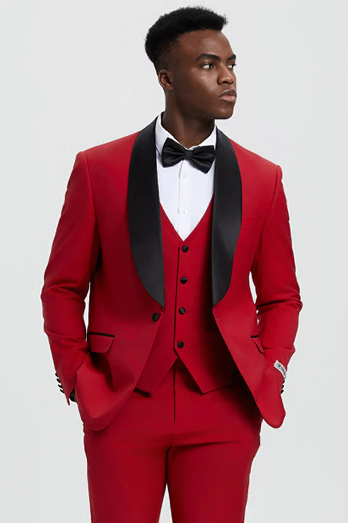 Mens Vested 1 Button Shawl Lapel Designer Tuxedo In Red
