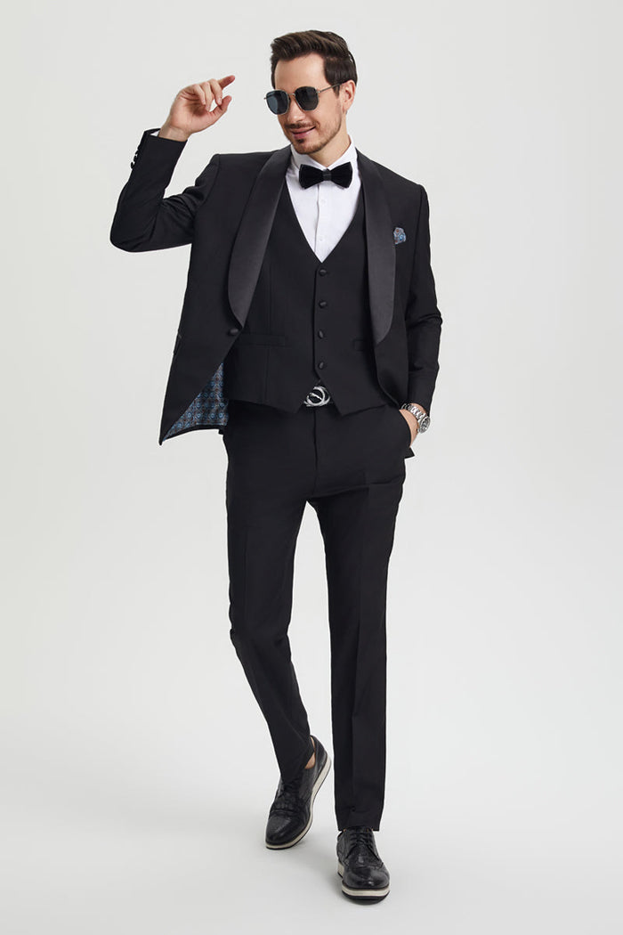 Men's Stacy Adams Vested One Button Shawl Lapel Designer Tuxedo in Black