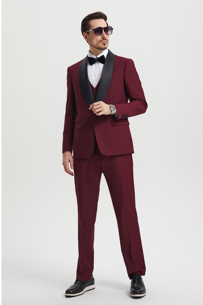 Men's Stacy Adams Vested One Button Shawl Lapel Designer Tuxedo in Burgundy