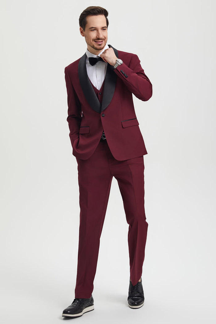 Men's Stacy Adams Vested One Button Shawl Lapel Designer Tuxedo in Burgundy