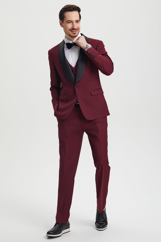 Men's Stacy Adams Vested One Button Shawl Lapel Designer Tuxedo in Burgundy