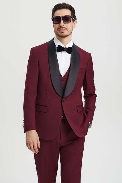 Men's Stacy Adams Vested One Button Shawl Lapel Designer Tuxedo in Burgundy