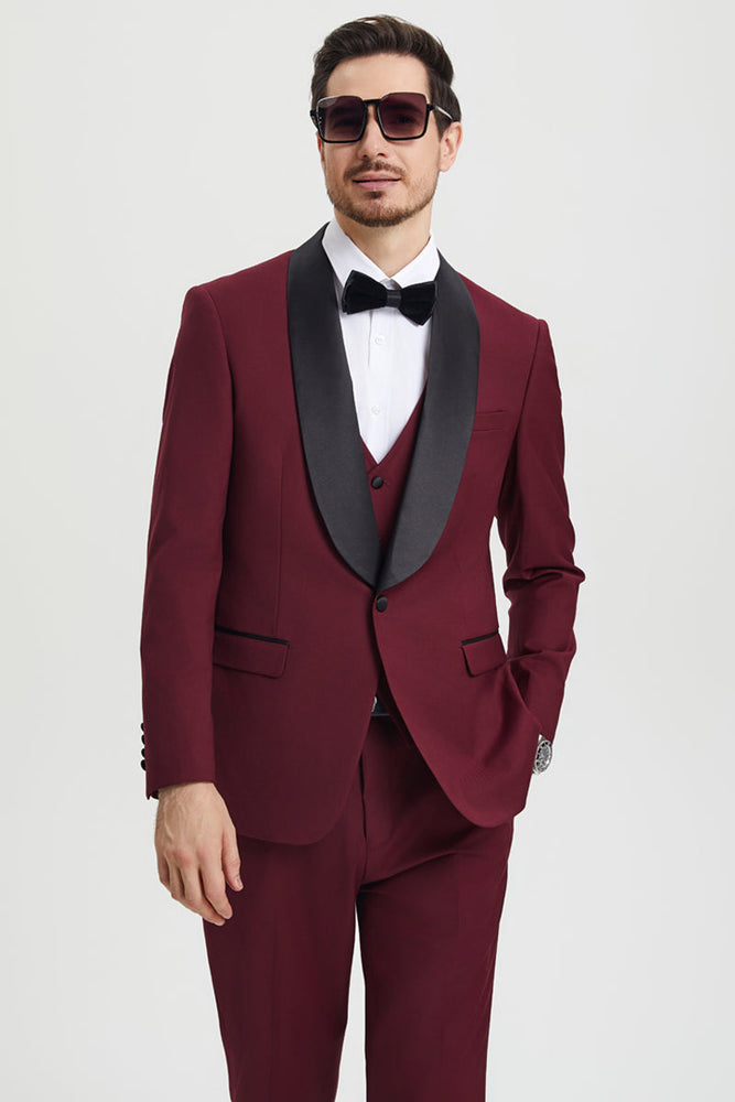 Men's Stacy Adams Vested One Button Shawl Lapel Designer Tuxedo in Burgundy