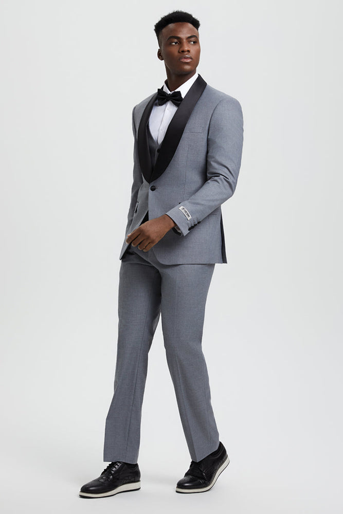 Men's Stacy Adams Vested One Button Shawl Lapel Designer Tuxedo in Grey