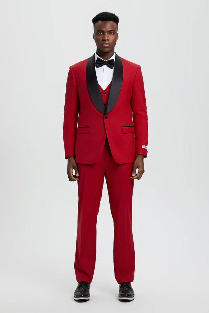 Mens Vested 1 Button Shawl Lapel Designer Tuxedo In Red