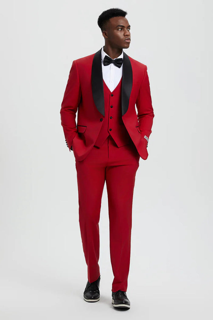 Mens Vested 1 Button Shawl Lapel Designer Tuxedo In Red