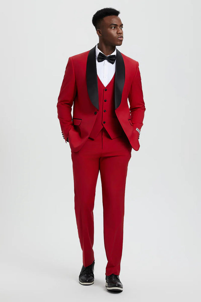 Mens Vested 1 Button Shawl Lapel Designer Tuxedo In Red
