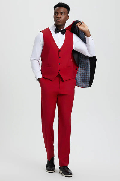 Mens Vested 1 Button Shawl Lapel Designer Tuxedo In Red