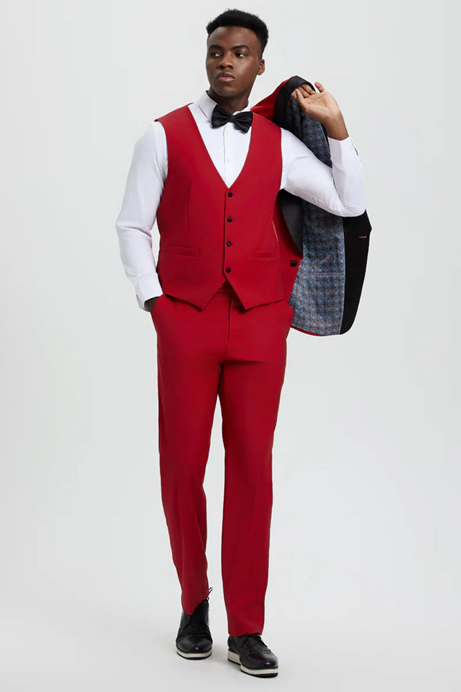 Mens Vested 1 Button Shawl Lapel Designer Tuxedo In Red