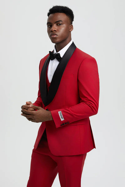 Mens Vested 1 Button Shawl Lapel Designer Tuxedo In Red