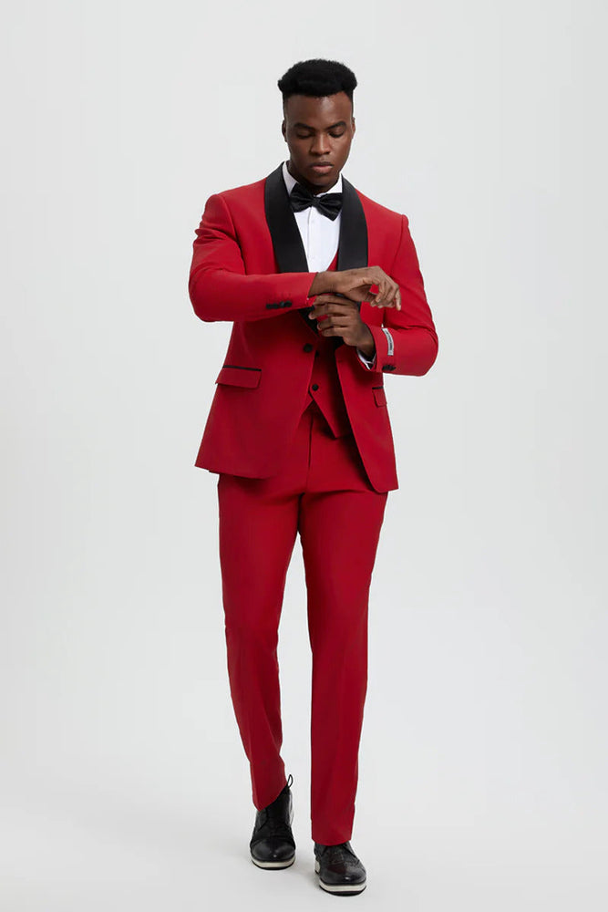Mens Vested 1 Button Shawl Lapel Designer Tuxedo In Red