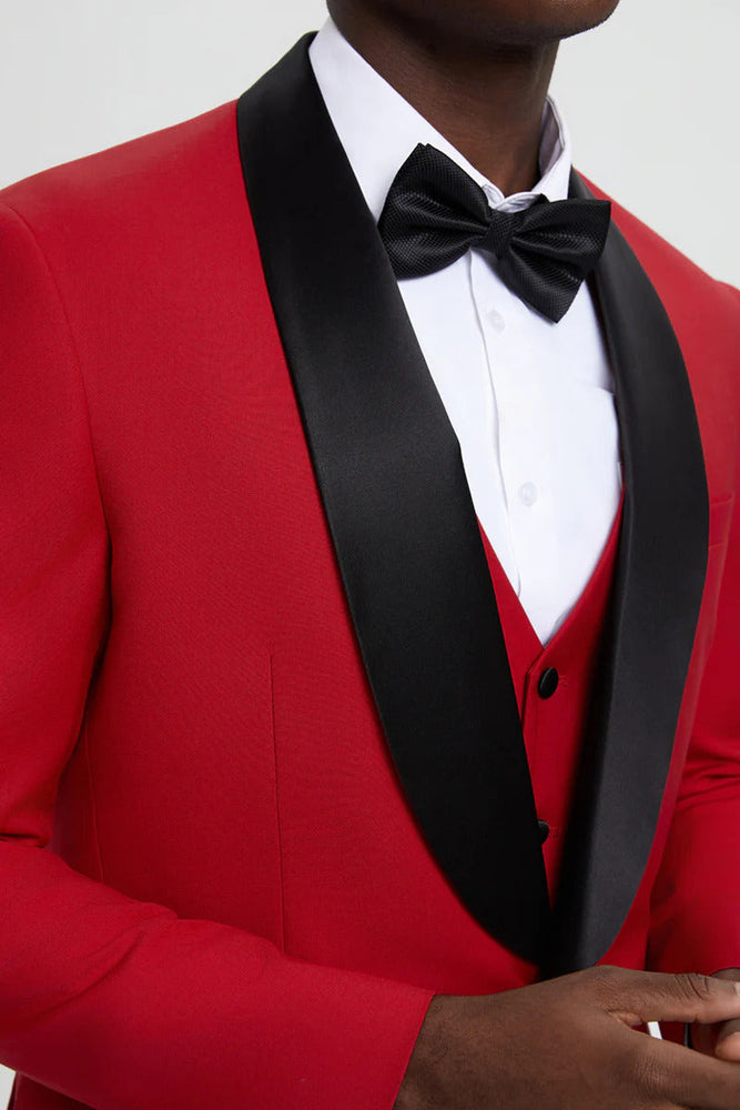 Mens Vested 1 Button Shawl Lapel Designer Tuxedo In Red