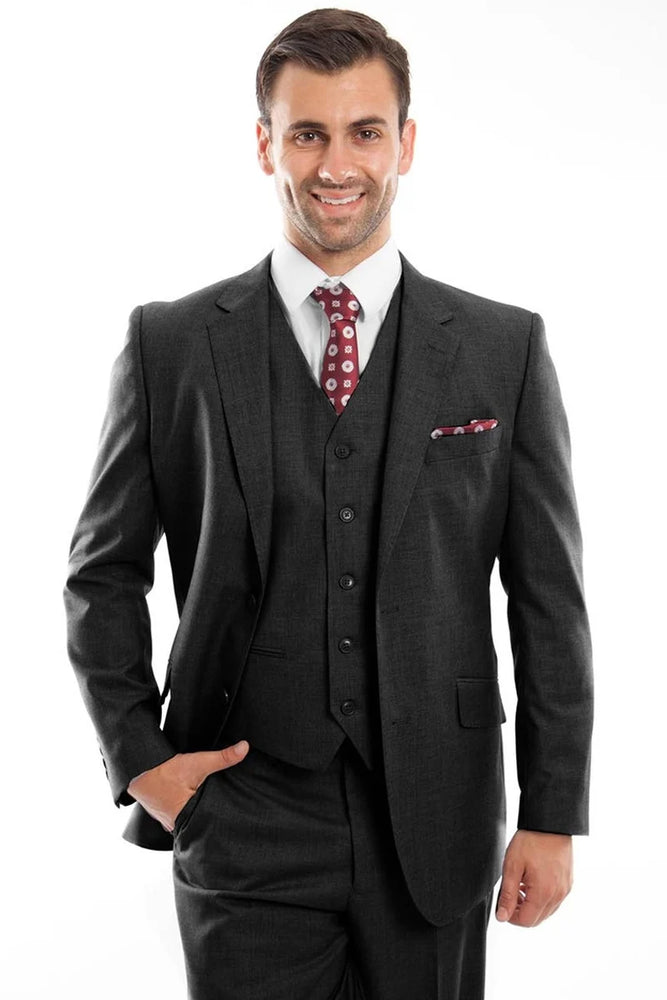 Zegarie Suits - Men's Designer Two Button Modern Fit Vested Wool Suit in Black
