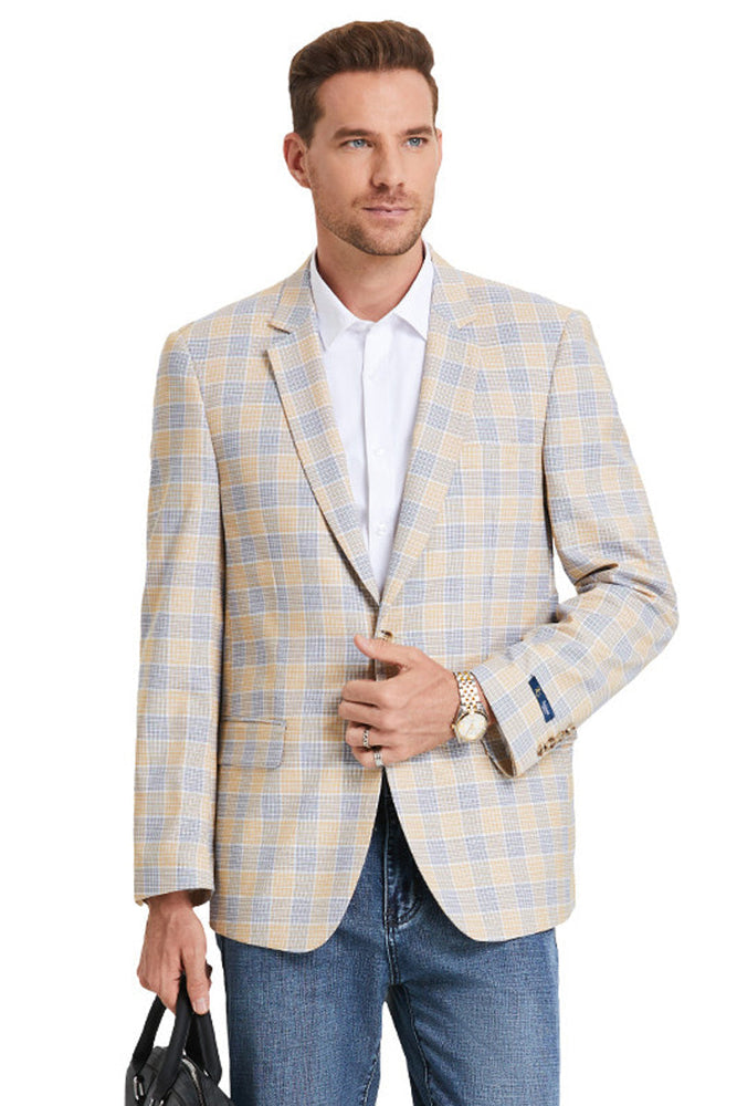 Men's Two Button Glen Plaid Sports Coat in Tan & Blue