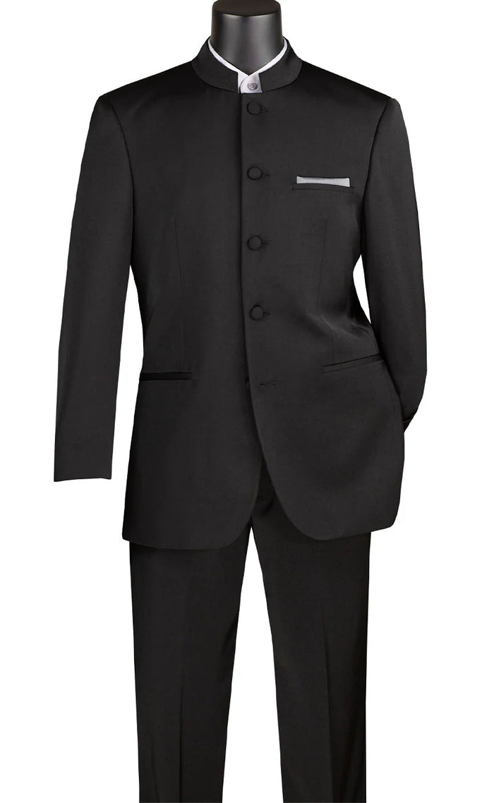 Men’s Black 5 Button Mandarin Collar Nehru Style Suit, Formal Banded Collar Dress Suit