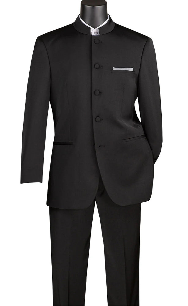 Men’s Black 5 Button Mandarin Collar Nehru Style Suit, Formal Banded Collar Dress Suit