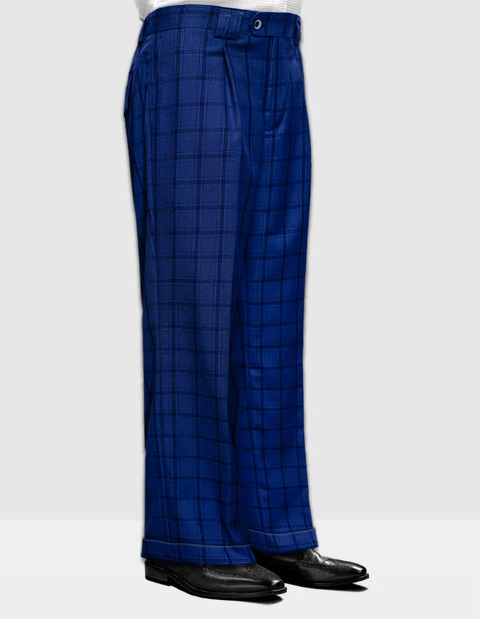Women's Wide Leg Plaid Pants - Sapphire Blue - High Waisted Trousers