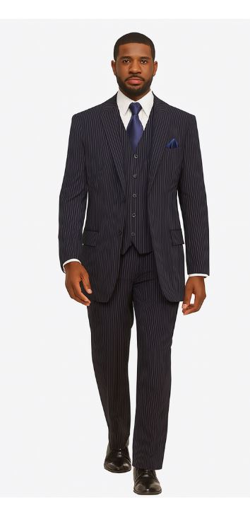 Classic Fit Pleated Pants - 2 Button Suit Pinstripe - Vested Suit 3 Pieces Suits Navy