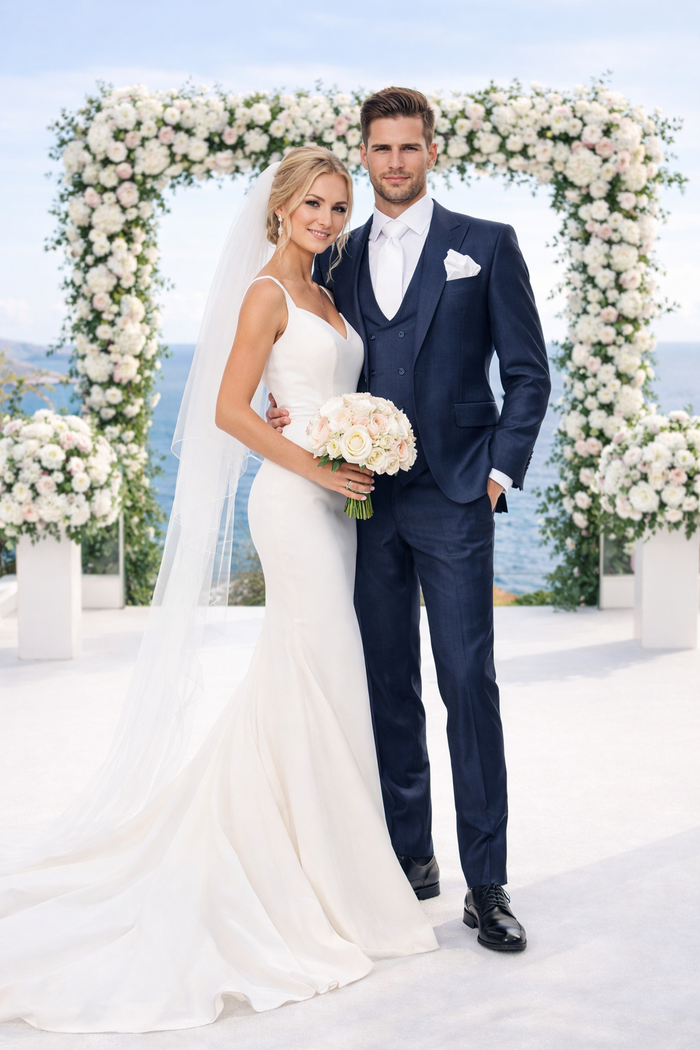 Midnight Navy Textured 3-Piece Luxury Gala Suit with White Accents by Rossiman