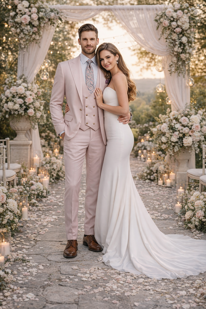 Blush Pink 3-Piece Suit with Double-Breasted Vest by Rossiman