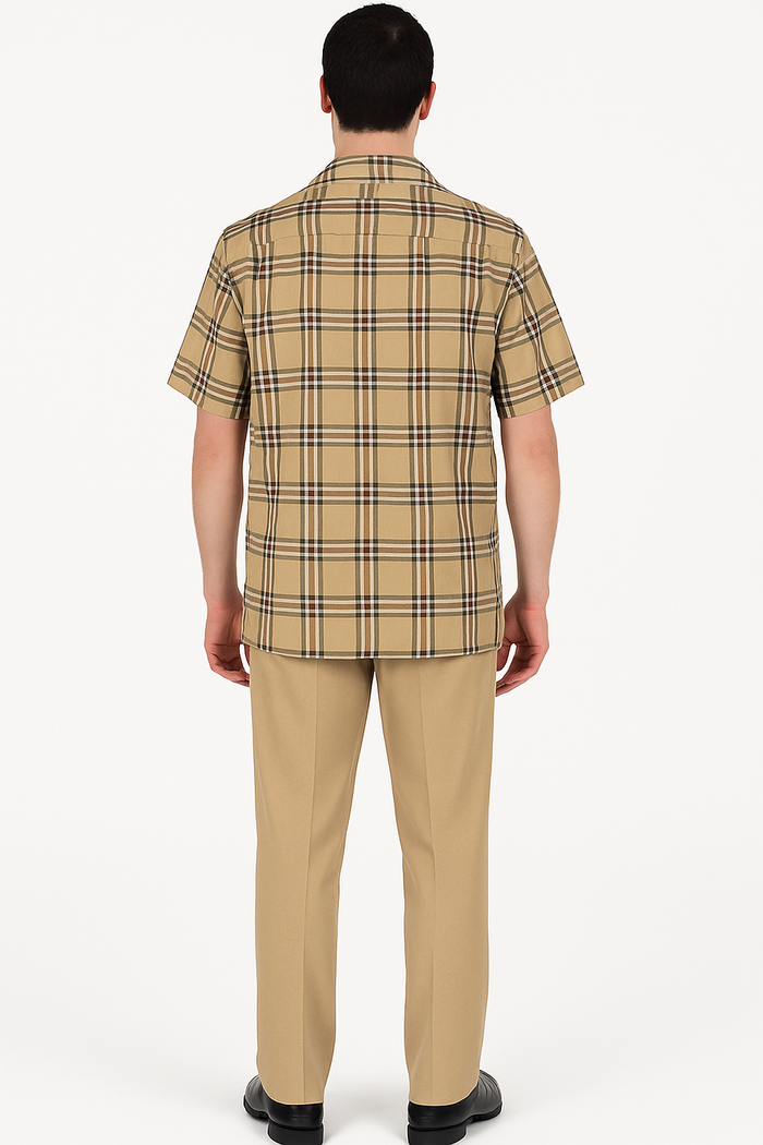 Beige Checkered Men’s Shirt – Relaxed Fit Short Sleeve