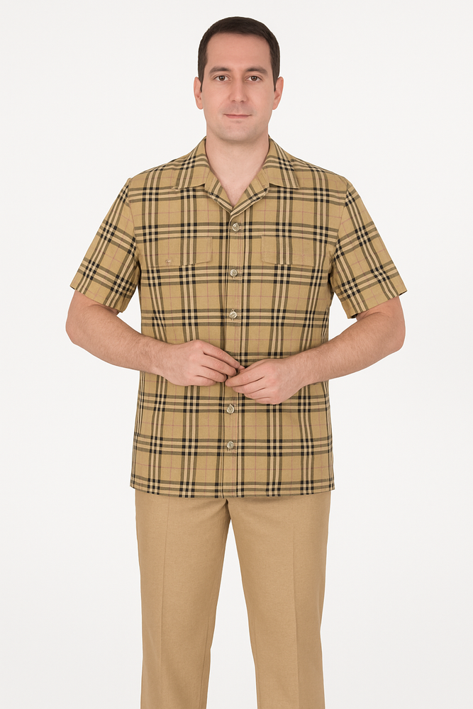 Beige Checkered Men’s Shirt – Relaxed Fit Short Sleeve