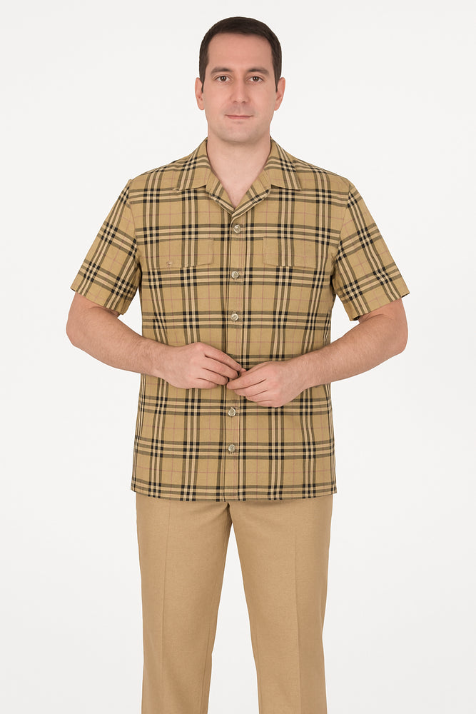 Beige Checkered Men’s Shirt – Relaxed Fit Short Sleeve
