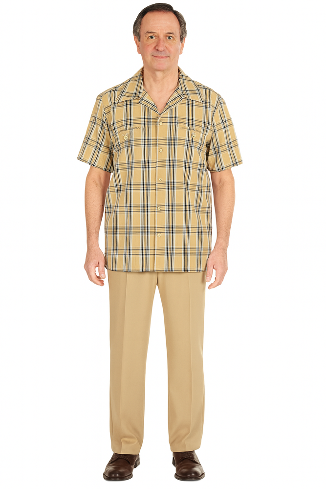 Beige Checkered Men’s Shirt – Relaxed Fit Short Sleeve