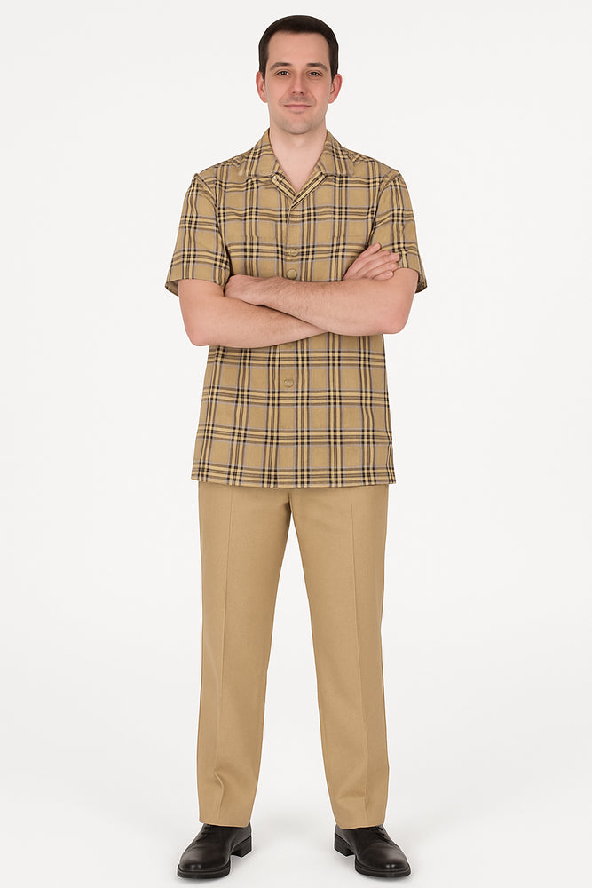 Beige Checkered Men’s Shirt – Relaxed Fit Short Sleeve