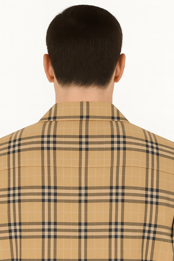 Beige Checkered Men’s Shirt – Relaxed Fit Short Sleeve