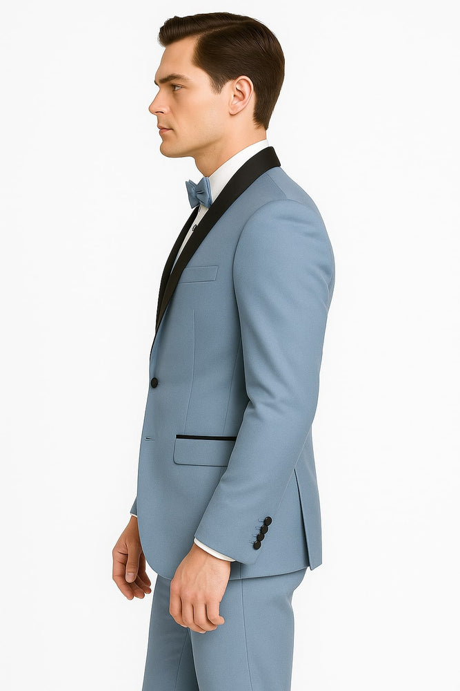 Sky Blue Tuxedo with Black Shawl Lapel Slim Fit Prom and Wedding Suit in Baby Blue Color - Light Blue