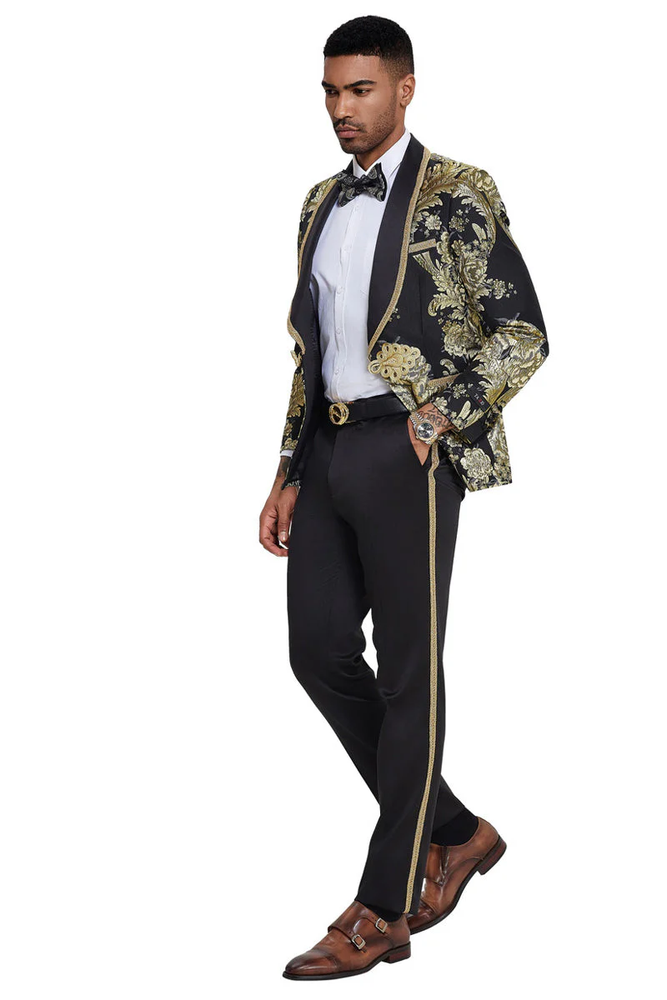 Mens One Button Shawl Lapel Wedding Prom Tuxedo in Shiny Black Paisley